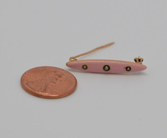 Vintage 14K Yellow Gold Pink Enamel & Pearl Bar P… - image 5