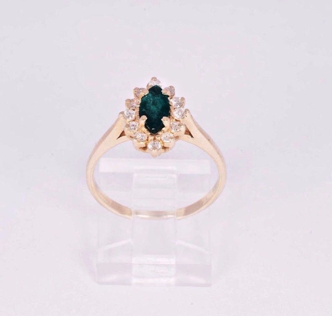 14K Yellow Gold Marquise Emerald and Diamond Ring, Size 7 - Etsy