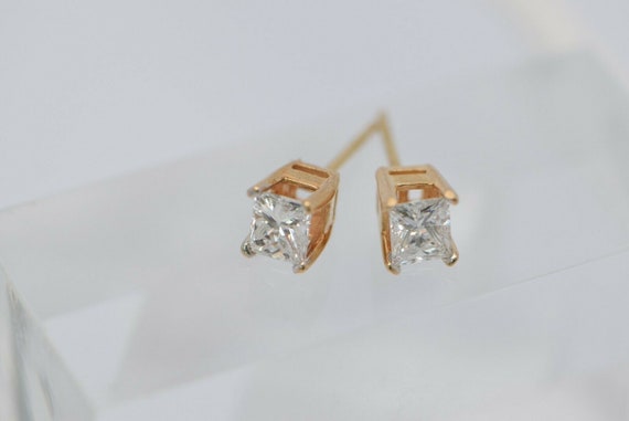14K Yellow Gold Rectangular Diamond Stud Earrings - image 5