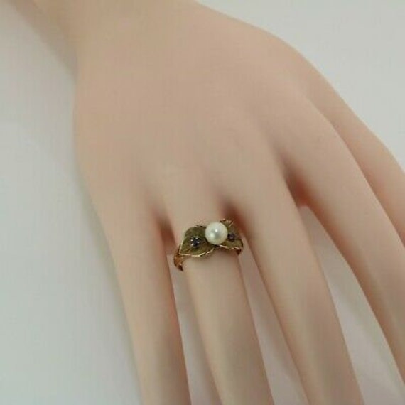 10K Yellow Gold Pearl and Sapphire Ring Size 6.5 - image 2