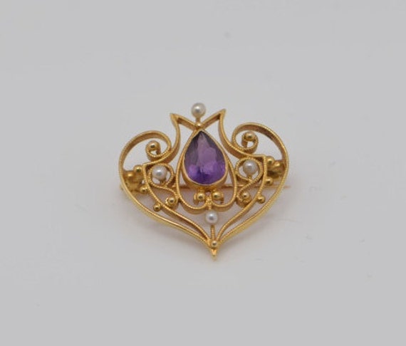 14K Yellow Gold Amethyst and Seed Pearl Pin in Ed… - image 1