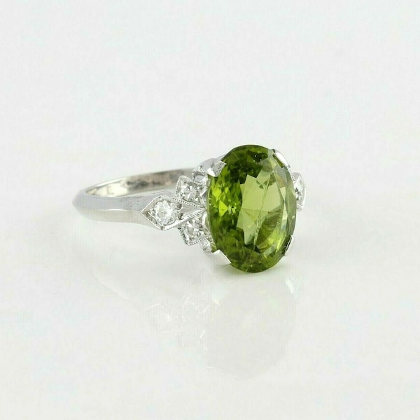 Antique 10K White Gold Peridot and Diamond Art Deco Ring Size 6.5 Circa 1930