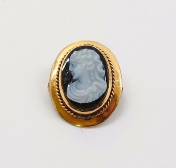 Vintage 10K Yellow Gold Cameo Brooch with Black O… - image 3