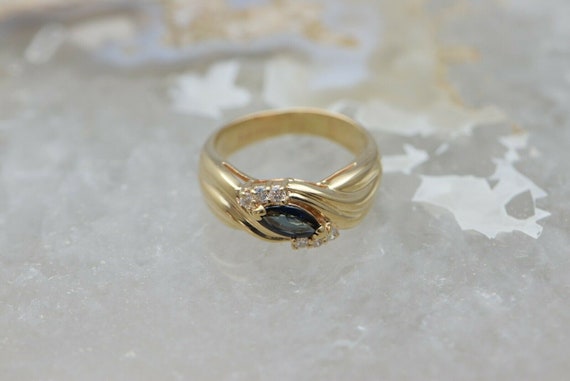14K YG Blue Sapphire and Diamond Ring Ribbon Bypa… - image 1