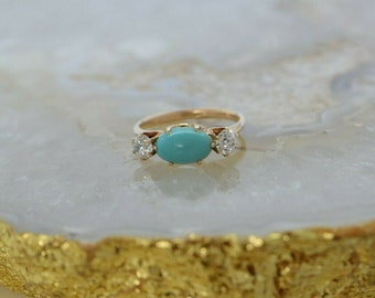 Vintage YG Turquoise & Diamond 3 Stone Ring Size 6 Circa 1950