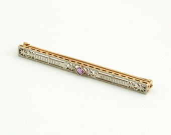 Antique 14K Yellow Gold with Platinum Top Amethyst Bar Pin Circa 1930