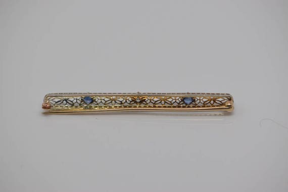 14K Yellow & White Gold Filigree Bar Pin with Sap… - image 3