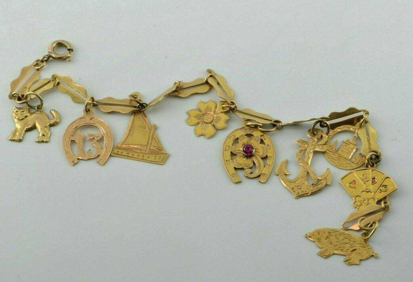 Vintage 18K YG Handmade Maritime & Luck Charm Bracelet 8.5
