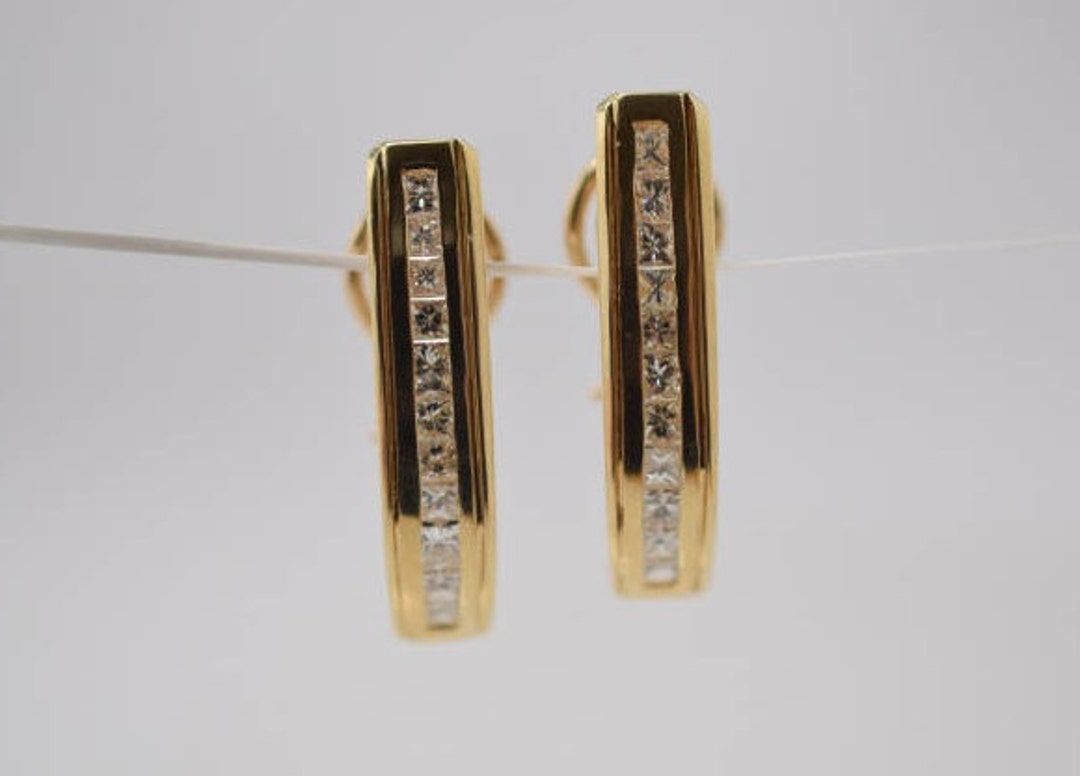 Rectangular Ear Clips 14k Yellow Gold Diamond Rectangular Ear Clips W/ Princess Cut Stones 3 ...