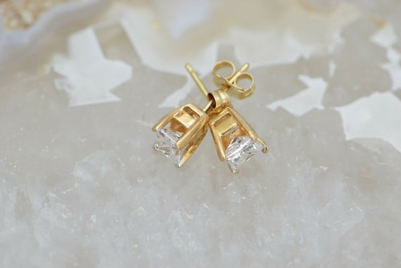 14K Yellow Gold Rectangular Diamond Stud Earrings - image 1