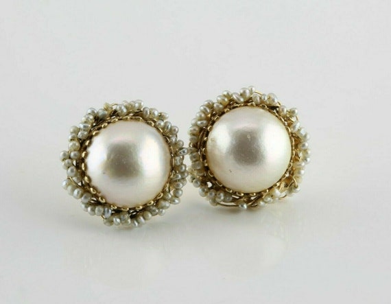 14K Yellow Gold Mabe Pearl Post Earrings with See… - image 1