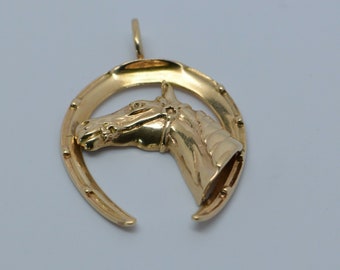 Large 14K Yellow Gold Horse and Horseshoe Pendant