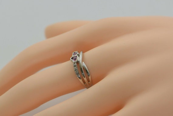 10K WG Pink Sapphire and Diamond Chip Hearts Ring… - image 2