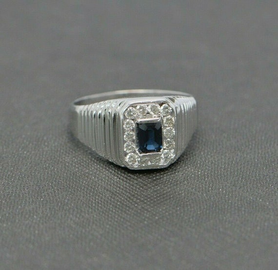 14K Man's WG Emerald Cut Sapphire and Diamond Rin… - image 4