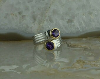 14K Yellow Gold and Sterling Silver Amethyst Bypass Ring Size 6