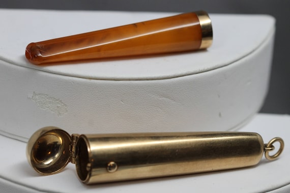 Early 20th Century 14k Yellow Gold & Amber Cigar Holder With Case