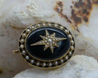 Victorian Mourning Pin/Pendant 1882 14K YG Black onyx and Pearl Enamel