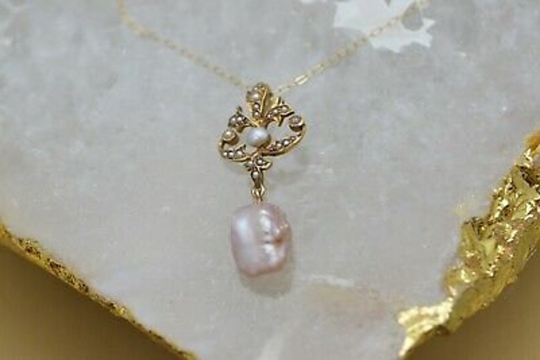 14K Yellow Gold Art Nouveau Pearl Set Necklace Peach Pearl Baroque Drop ...