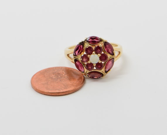 10k Yellow Gold Rhodolite and Opal Rosette Ring, … - image 6