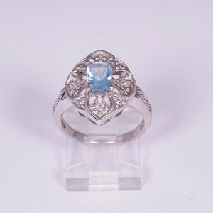 14K White Gold Filigree Aquamarine Ring, size 7