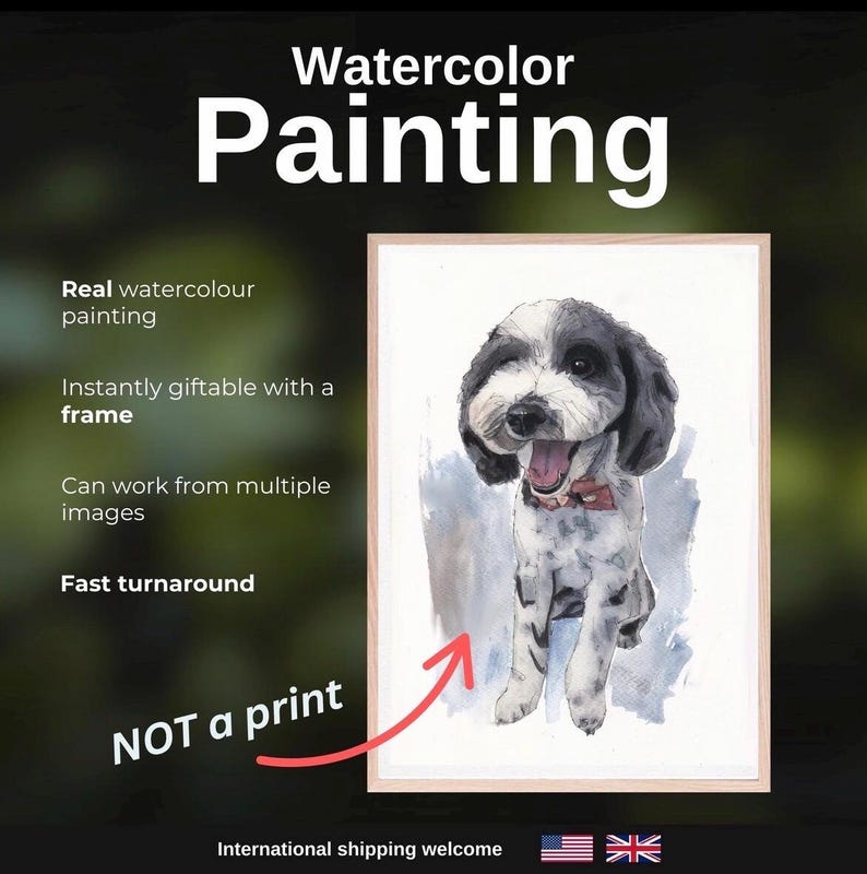 Individuelles Aquarell-Haustierporträt, Hundeporträt nach Foto, personalisiertes Erinnerungsgeschenk für Hunde im Rahmen, Haustiergemälde Bild 2