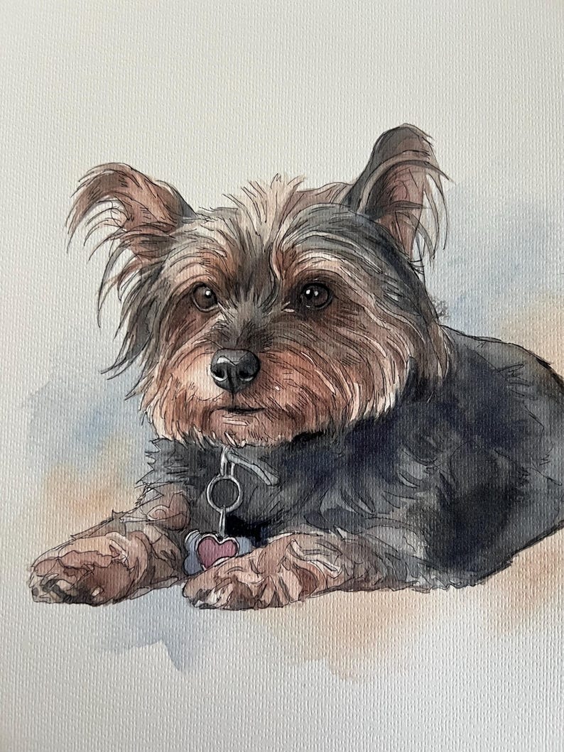 Puede incluir: Una pintura a la acuarela de un Yorkshire Terrier con pelaje negro y fuego, representado en posici&oacute;n tumbada. El perro tiene una nariz oscura, orejas alertas y lleva un collar plateado con una peque&ntilde;a placa en forma de coraz&oacute;n rosa.