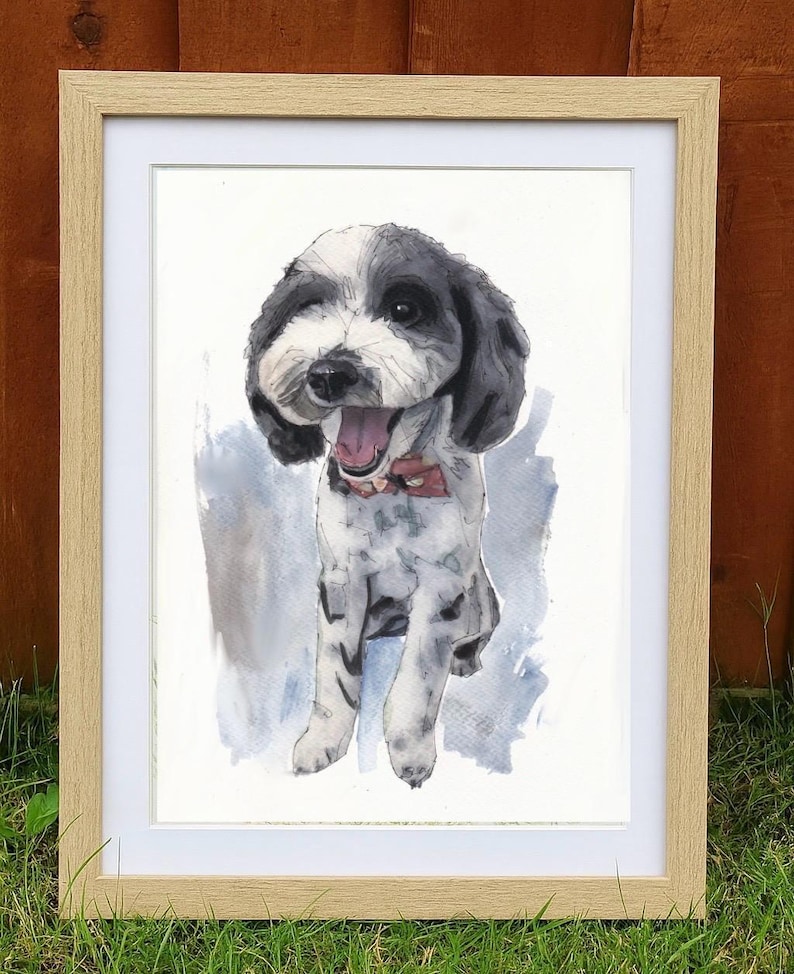 Individuelles Aquarell-Haustierporträt, Hundeporträt nach Foto, personalisiertes Erinnerungsgeschenk für Hunde im Rahmen, Haustiergemälde Bild 7
