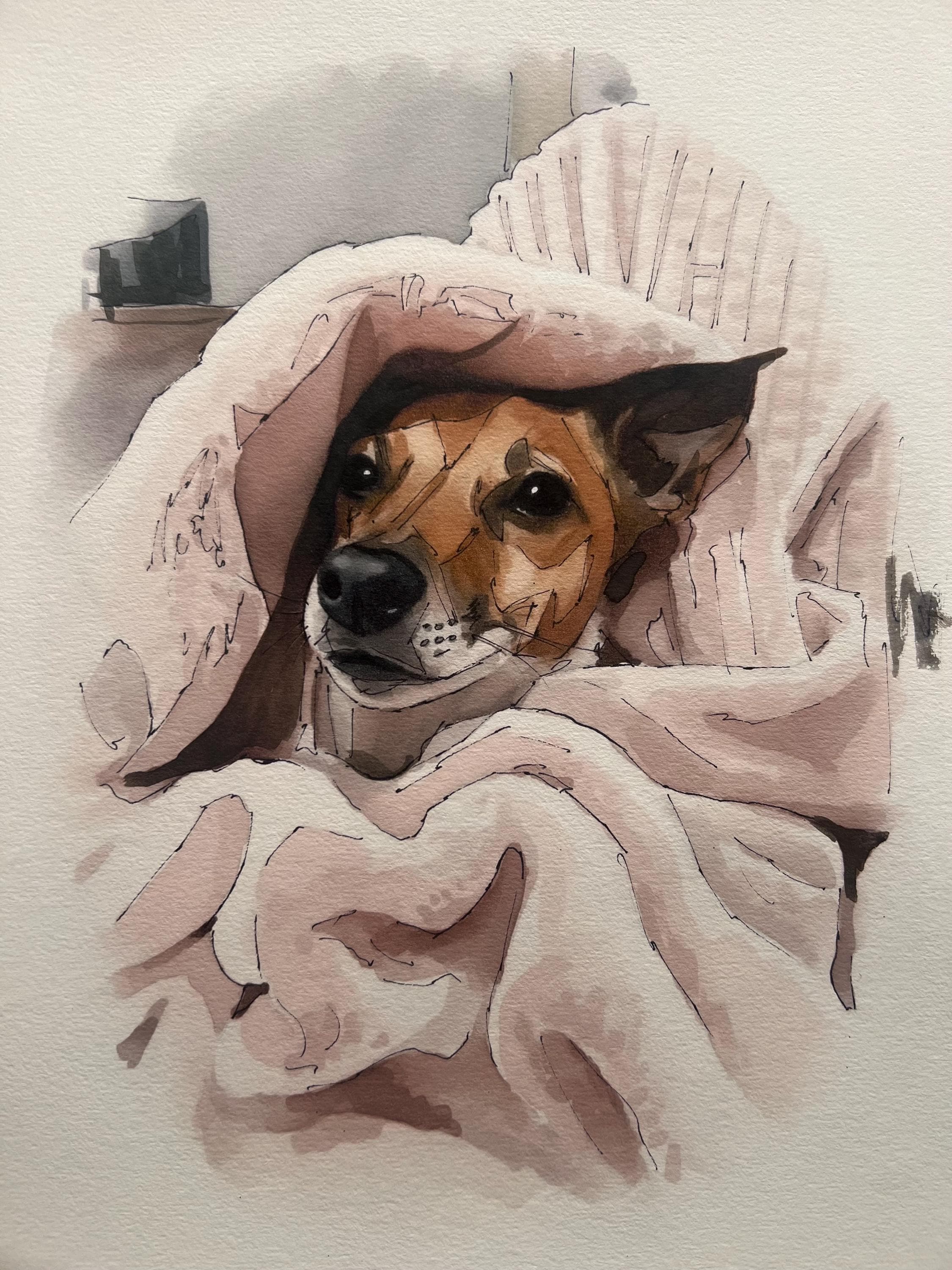 水彩画 犬のポートレート A4サイズ 木製フレーム付き 水彩画 犬のポートレート A4サイズ 木製フレーム付き 犬の水彩画