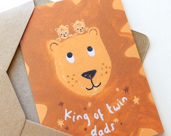 Tarjeta del Día del Padre con diseño de león para papá de gemelos, el rey de los padres de gemelos.
