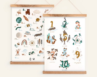 May include: Two illustrated educational posters, one with the alphabet A-Z and the other with numbers 1-10. Each letter and number is paired with a colorful illustration of an animal, object, or concept. The posters have a rustic wood frame.