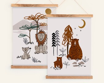 Neutral Animal Nursery Wall Art Set, Jungle Lion Nursery Art Print, Woodland Bear Children's Art Print, A4 or A3