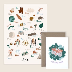Alphabet Neues Baby Geschenk Set, personalisiertes neues Baby Geschenk, Geschlechtsneutrale neue Baby Karte, pädagogisch wertvolles Kinderzimmer Druck, A4 oder A3