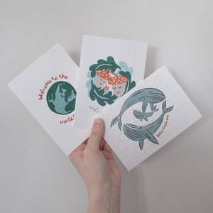 Paquete de tarjetas para recién nacido, Lote de tres tarjetas para recién nacido de género neutro, Naturaleza y animales