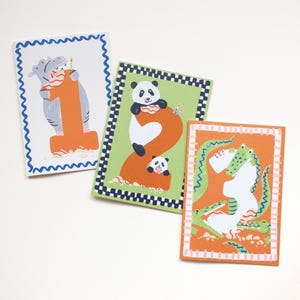 Cartes d'anniversaire d'enfants numérotées, lot de trois cartes d'anniversaire animaux, carte de 1er anniversaire, carte de 2e anniversaire, carte de 3e anniversaire