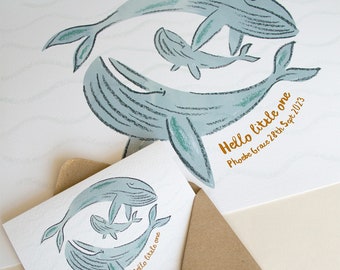 Whale New Baby Print and Card Bundle, Unisex New Baby Gift, Nature Nursery Print, Personalised option, A4 or A3