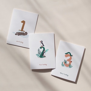 Tarjetas de cumpleaños para niños, Paquete de tres tarjetas con ilustraciones de animales, Tarjetas con números para niños