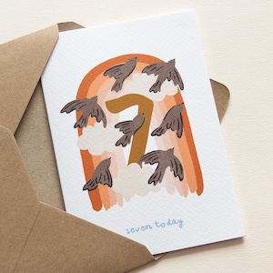 Birds 7th Birthday Card, Rainbow Seventh Birthday Card