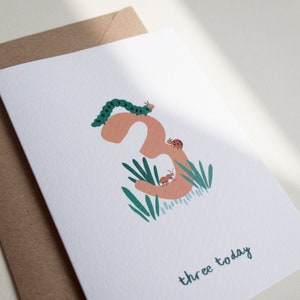 Carte d'anniversaire pour le troisième anniversaire des insectes, carte du 3e anniversaire de l'enfant « Trois aujourd'hui », carte d'anniversaire animal