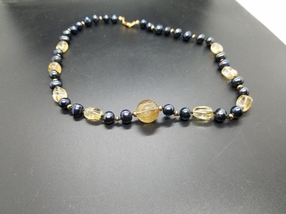 Citrine & Black Fresh Water Pearls with Rutilated Quartz