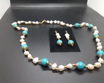 Tibetan Brass-Capped Turquoise with Baroque Fresh-Water Pearls