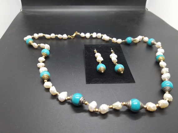 Tibetan Brass-Capped Turquoise with Baroque Fresh-Water Pearls