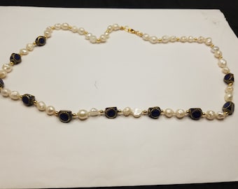 Lapis and Brass Beads with Baroque-Fresh-Water Pearls