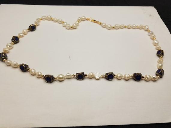 Lapis and Brass Beads with Baroque-Fresh-Water Pearls