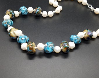 Turquoise and Brown Torch-Work Glass and Fresh-Water Pearls