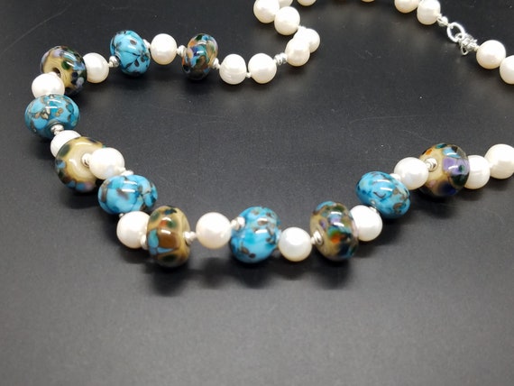 Turquoise and Brown Torch-Work Glass and Fresh-Water Pearls