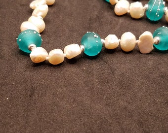 Silver Trailed Teal Torch Work Glass and Baroque Fresh Water Pearls