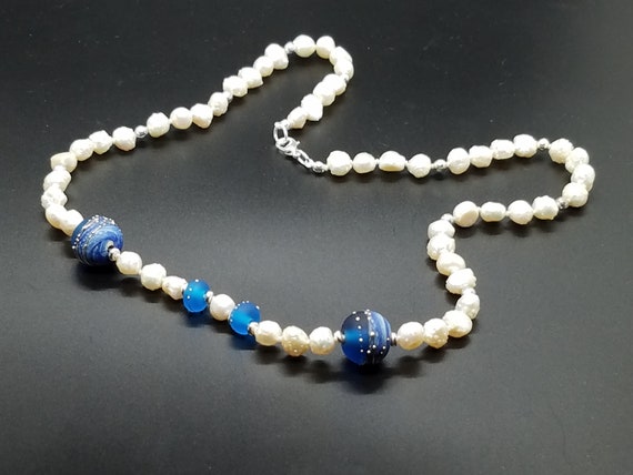 Blue Denim Torchwork Glass and Baroque Fresh Water Pearls