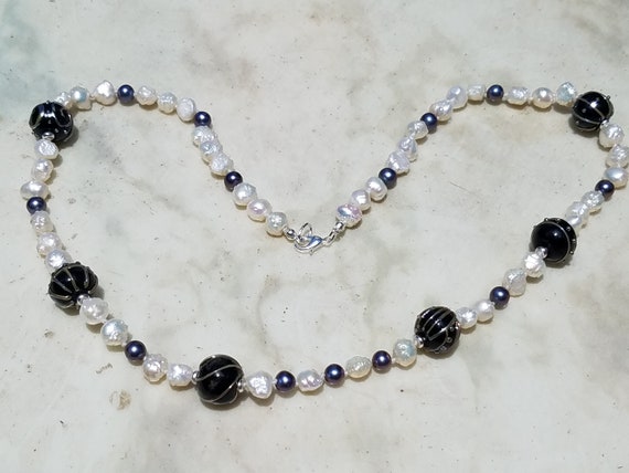 Black and Silver Torch Work Glass with Fresh Water Pearls