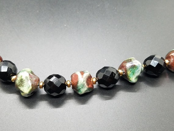 Raku Ceramic Beads with Faceted Black Glass