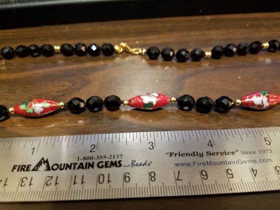 Red Cloisonne Spindle Beads and Faceted Black Glass